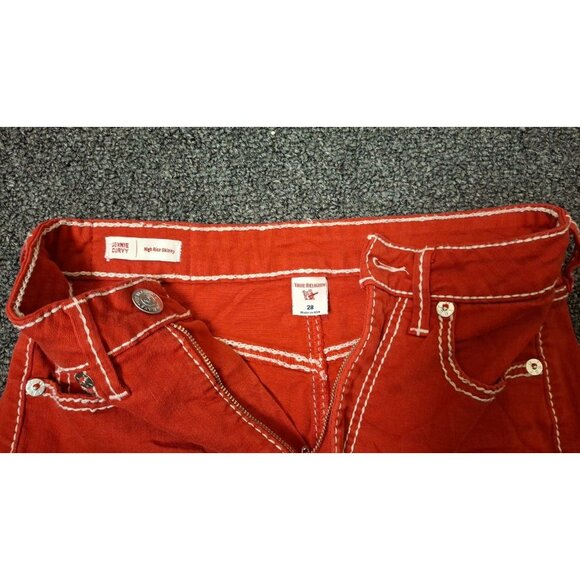 True Religion Jennie Curvy Skinny Jeans Size 28 Red Big T Stitch Low Rise Y2K - Picture 2 of 5